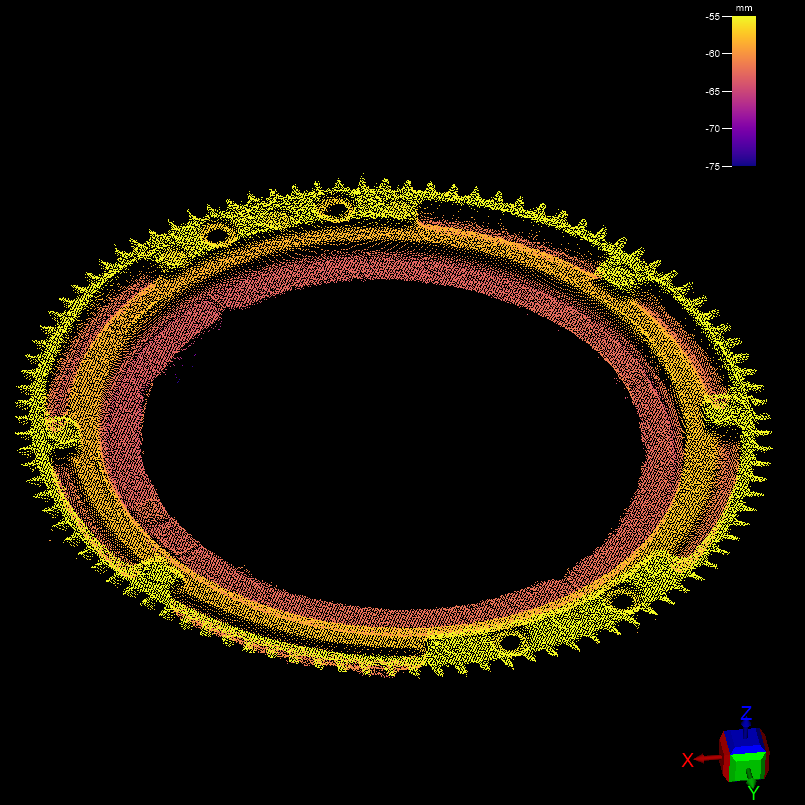 3D-A5000 3D scan of flywheel gear front in color gradient with software UI